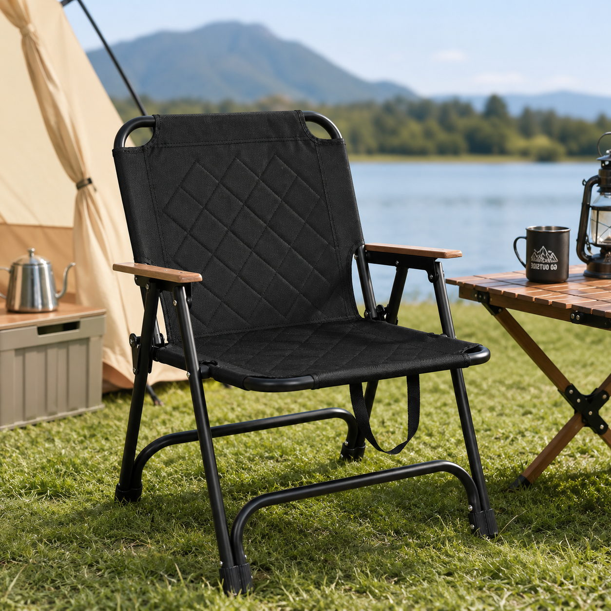 Folding Camping Chair with Padded Quilted Seat, Portable Outdoor Chair with Armrests for Camping, Fishing & Backyard Use 3 Folding Camping Chair with Padded Quilted Seat, Portable Outdoor Chair with Armrests for Camping, Fishing & Backyard Use - Image 3